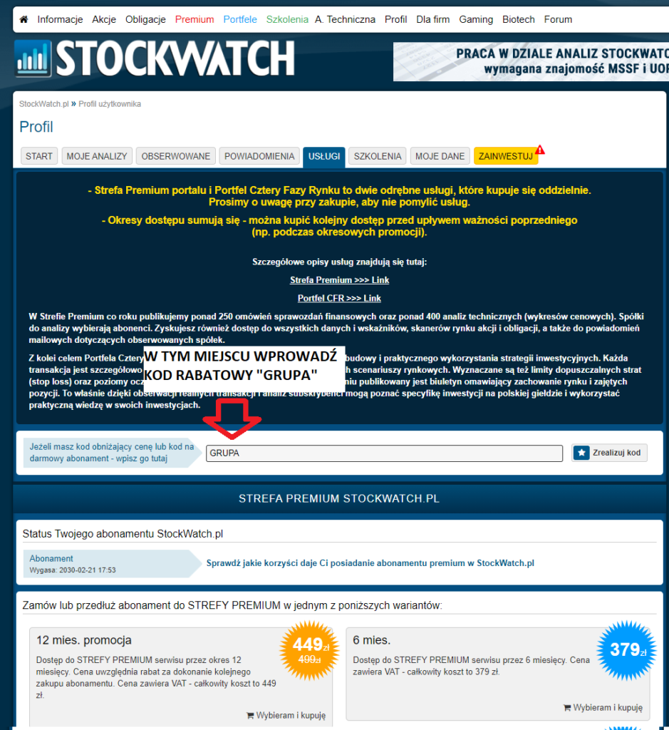 Obrazek: kod promocyjny do Stockwatch.pl. Gdzie go wprowadzić na stronie.